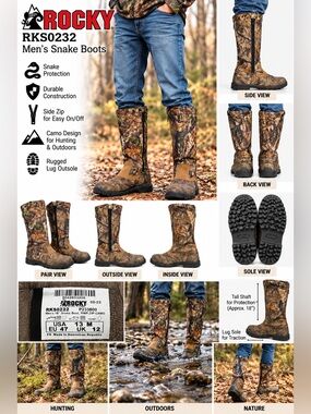 Rocky RKS0232 Men’s Snake Boots Size 13 M Camo Hunting Side Zip Outdoor